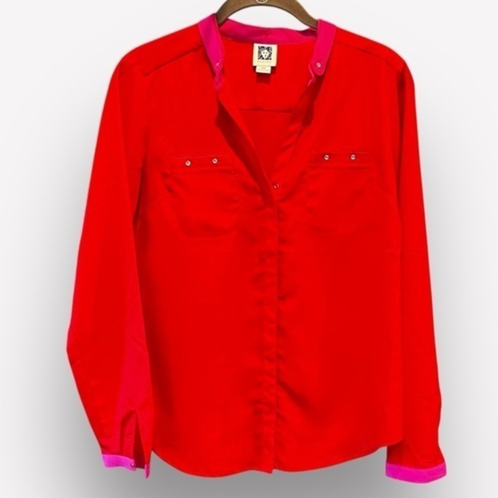 🇪🇸🐠Anne Klein Red & Pink Collarless Blouse | Professional Chic | Petite Small